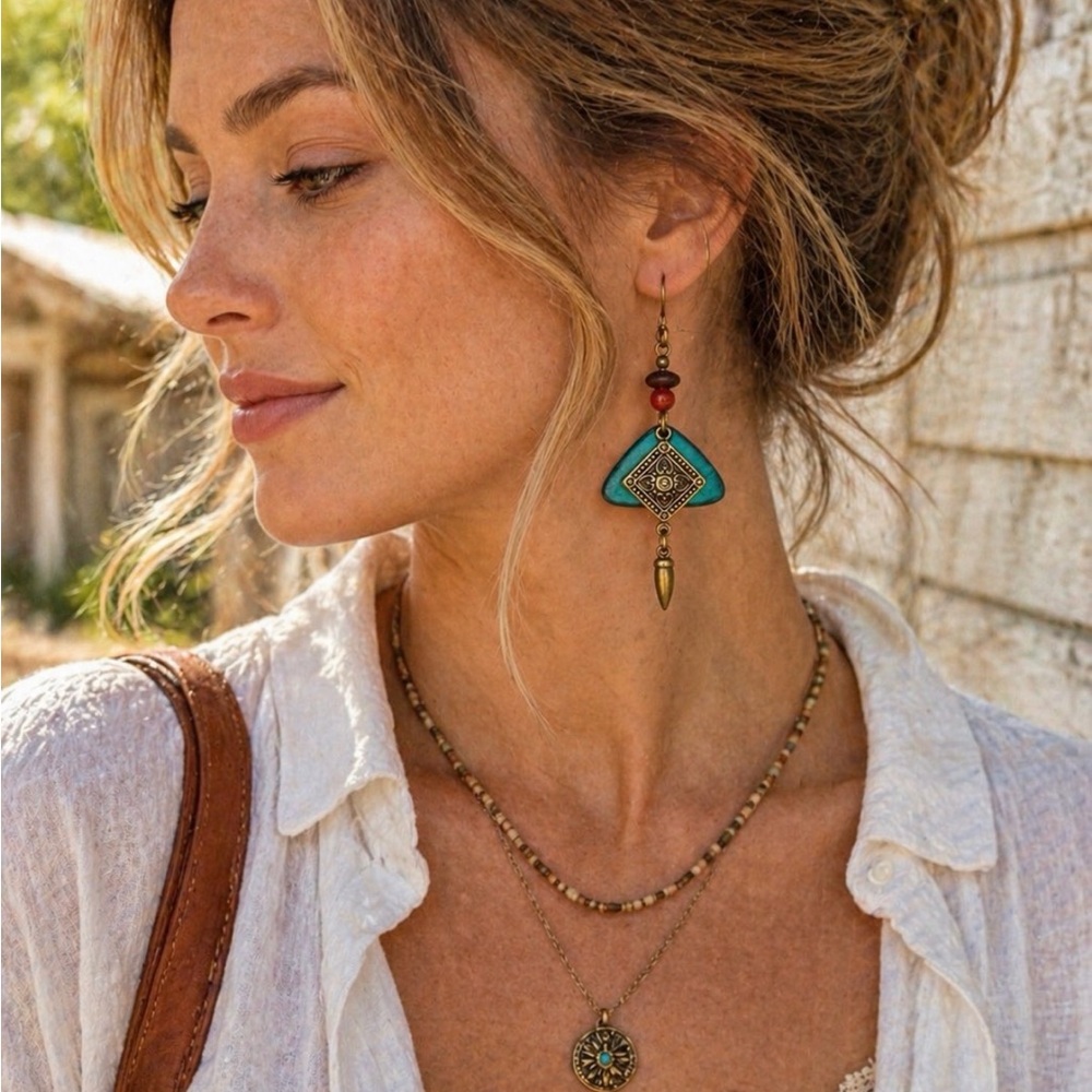 Vintage Turquoise Tone Brass Drop Earrings Boho Western Artisan